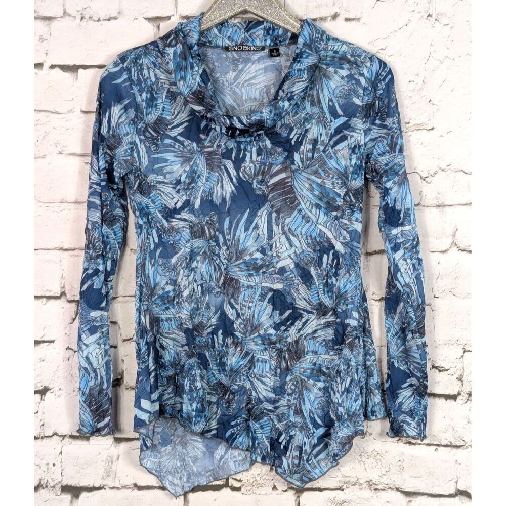 SNO SKINS Crinkle Stretch Mesh Cowl Neck Top Artsy USA Blue Multi Coastal Small